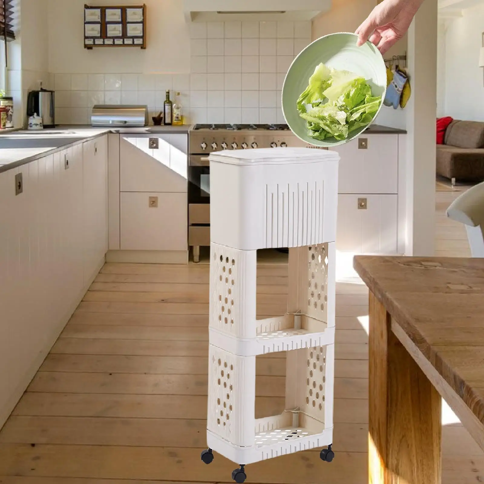 Kitchen Trash Can with Storage Rack Holder Convenient Garbage Container Trashcan Organizer with Lid Wastebasket for Household