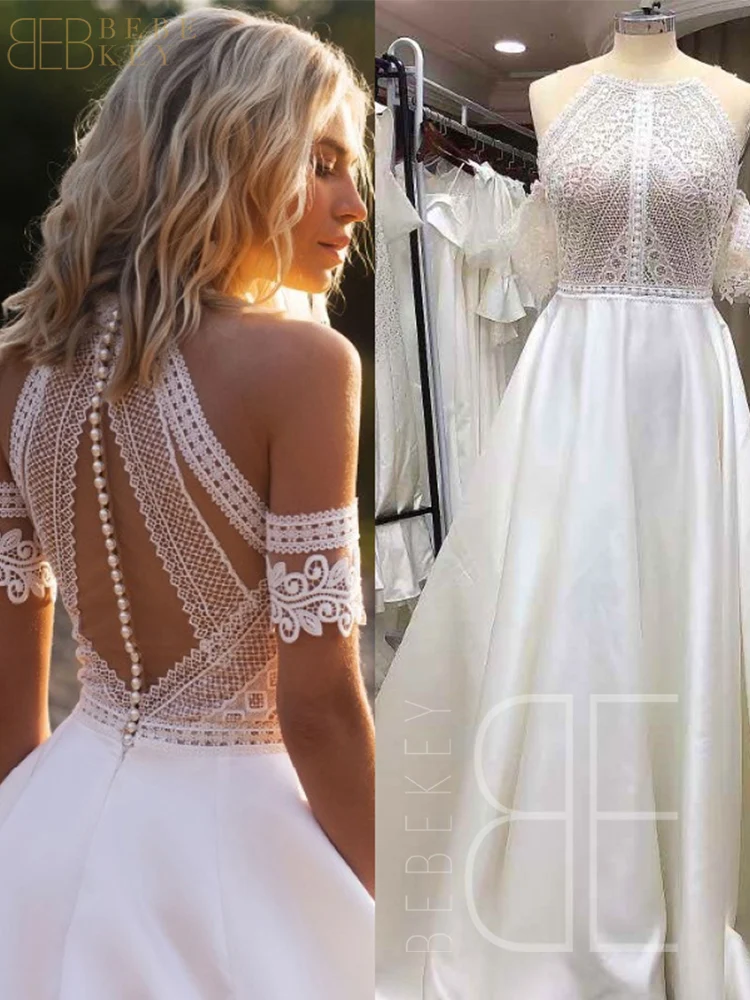 BEBEKEY Vestido de novia de corte A de satén de encaje bohemio personalizado - Vestido de novia Vestido de fiesta formal para novias - imagen 2