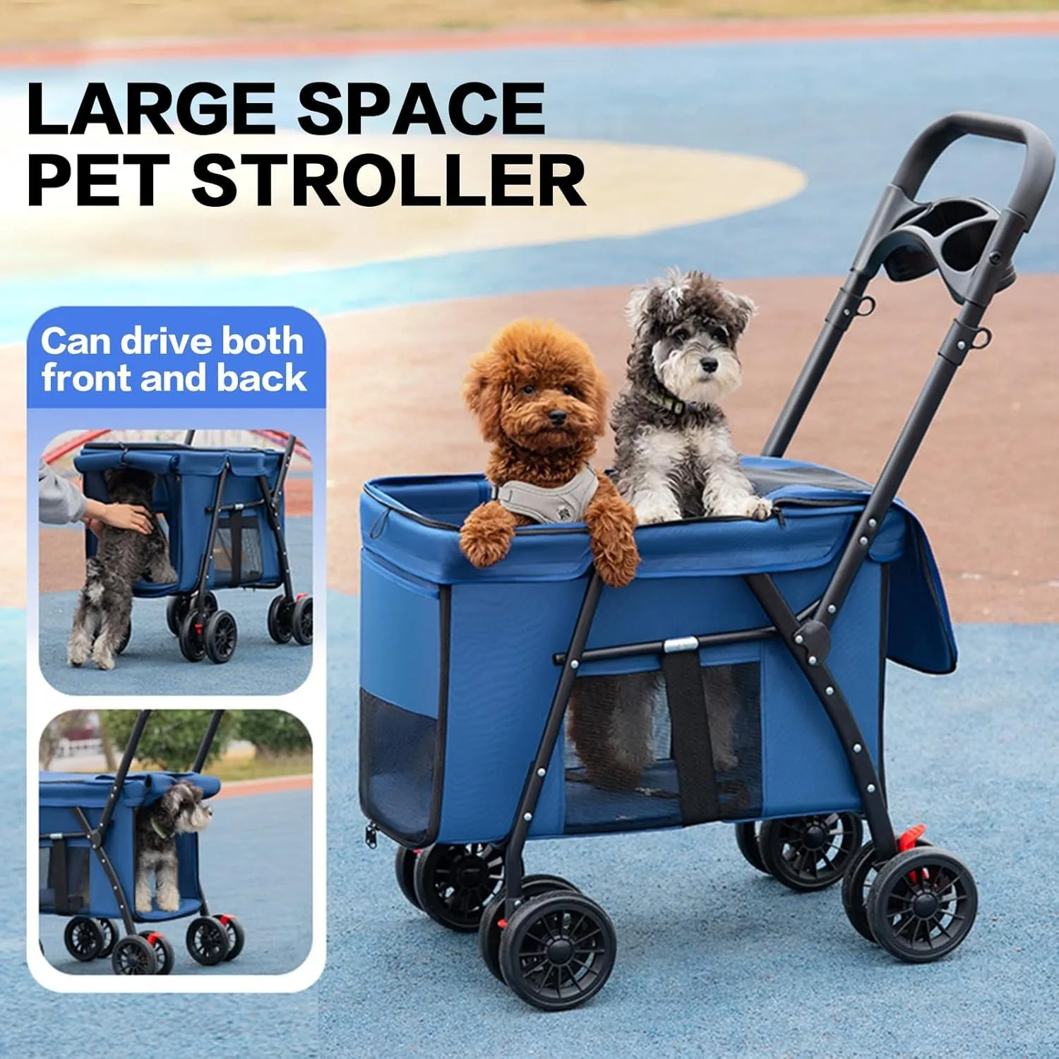 Cochecito para mascotas de 4 ruedas, carrito de paseo para perros y gatos, cochecito plegable para correr/perro, transporte para mascotas de malla transpirable para todas las estaciones - imagen 3