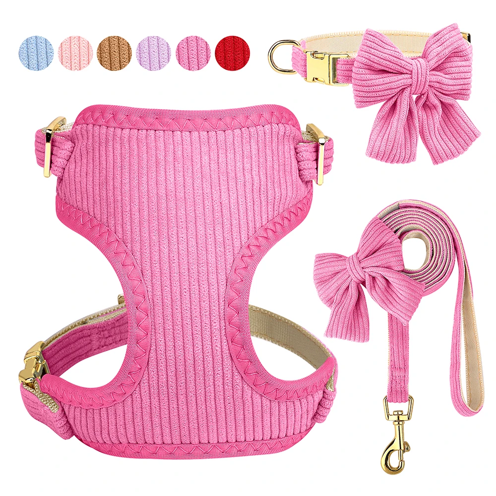 3 unids/set Collar de perro arnés y correa lindo Bowknot perros hebilla collares chaleco para mascotas arnés correa de plomo perros pequeños medianos pajarita rosa - imagen 2