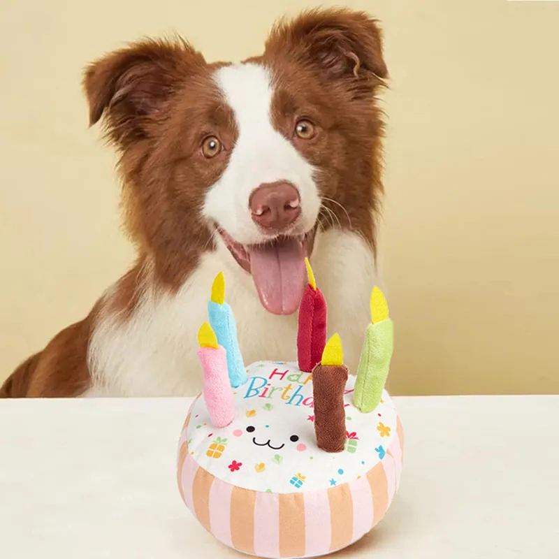 Pastel de cumpleaños para perros y mascotas, juguetes de interés para hacer sonido, molar resistente a mordeduras para pasar el tiempo, juguetes de peluche, regalo de cumpleaños