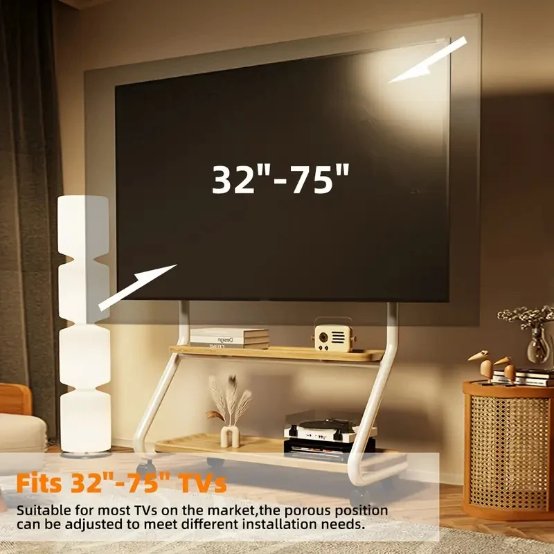 Carro de TV móvil de hierro ajustable con estante de almacenamiento, soporte de TV rodante, máximo VESA 600x500 mm, para pantallas de 32-75 pulgadas para oficina en casa - imagen 2