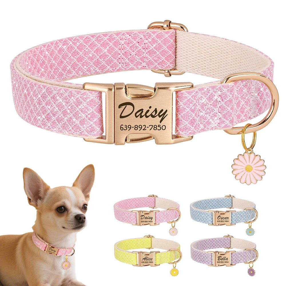 Bling Nylon Custom Dog Collar Cute Flower Tag Dog Collars Engraving Pet Name ID Buckle Necklace For Small Large Dogs Chihuahua
