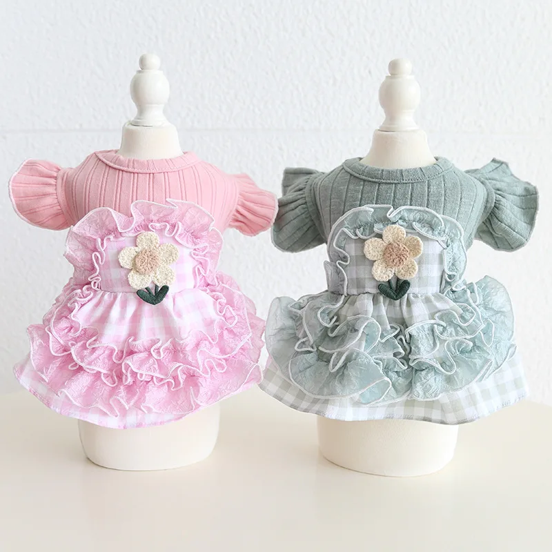 2025 Primavera/Novedad de verano vestido a cuadros con volantes ropa de princesa bordada para perros pequeños Chihuahuas, traje de Bichons