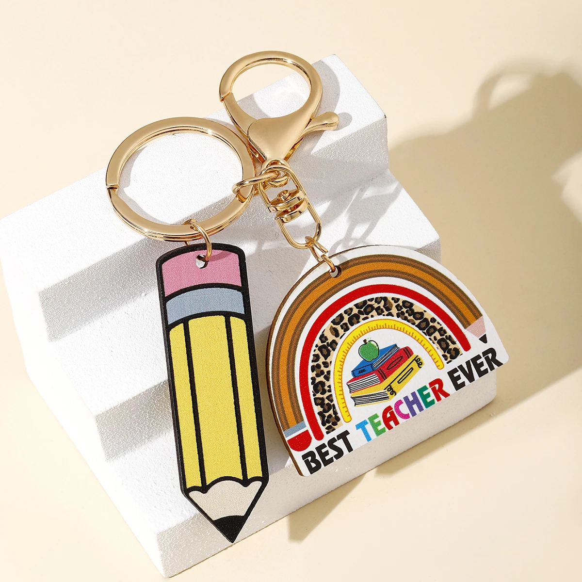 LLavero de profesor de creatividad personalizado a la moda, llavero de marca de madera con forma de bolígrafo con forma geométrica colorida de arcoíris, 1 ud. - imagen 2