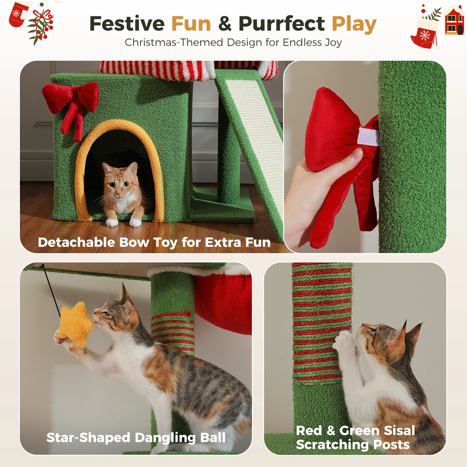 Árbol de Navidad para gatos, torre para gatos de 211-276cm de suelo a techo con condominios rojos y verdes, bolas colgantes en forma de estrella para gatos grandes, juguetes para gatos - imagen 3