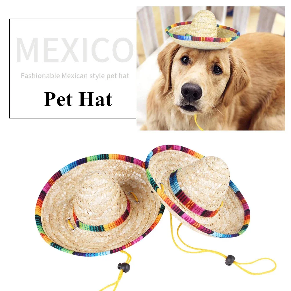 Perro pequeño con sombrero de paja hawaiano para mascotas