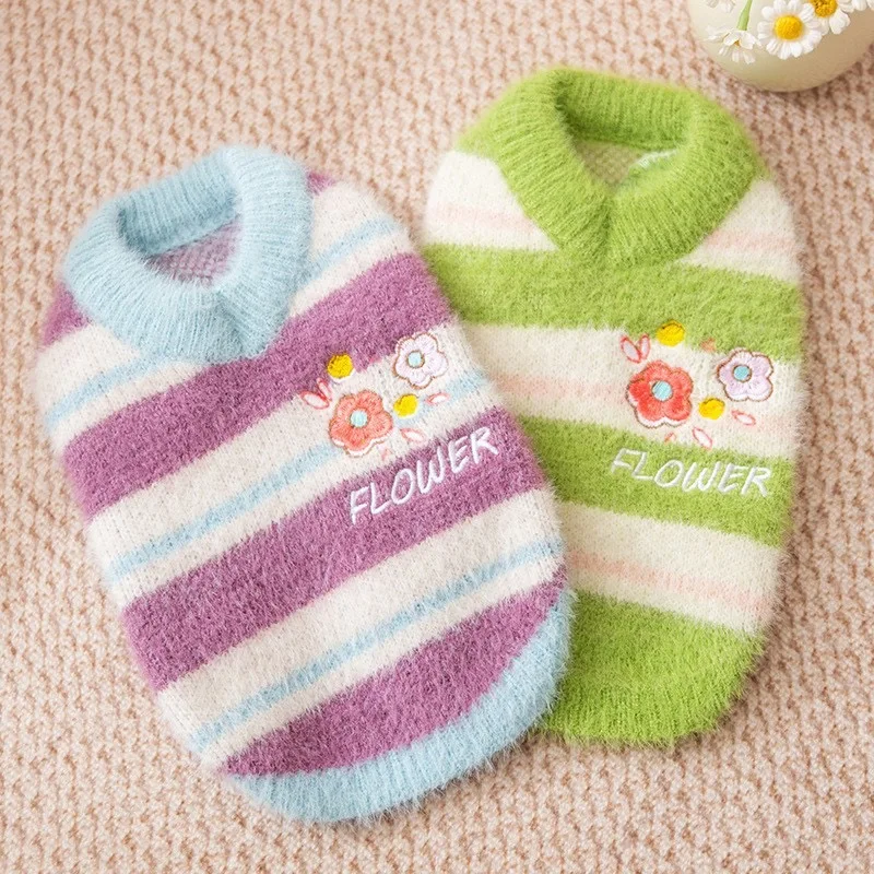 Ropa de rayas románticas para perros pequeños, suéter de lana suave con estampado de flores para mascotas y gatos, ropa transpirable para cachorros de Chihuahua maltés