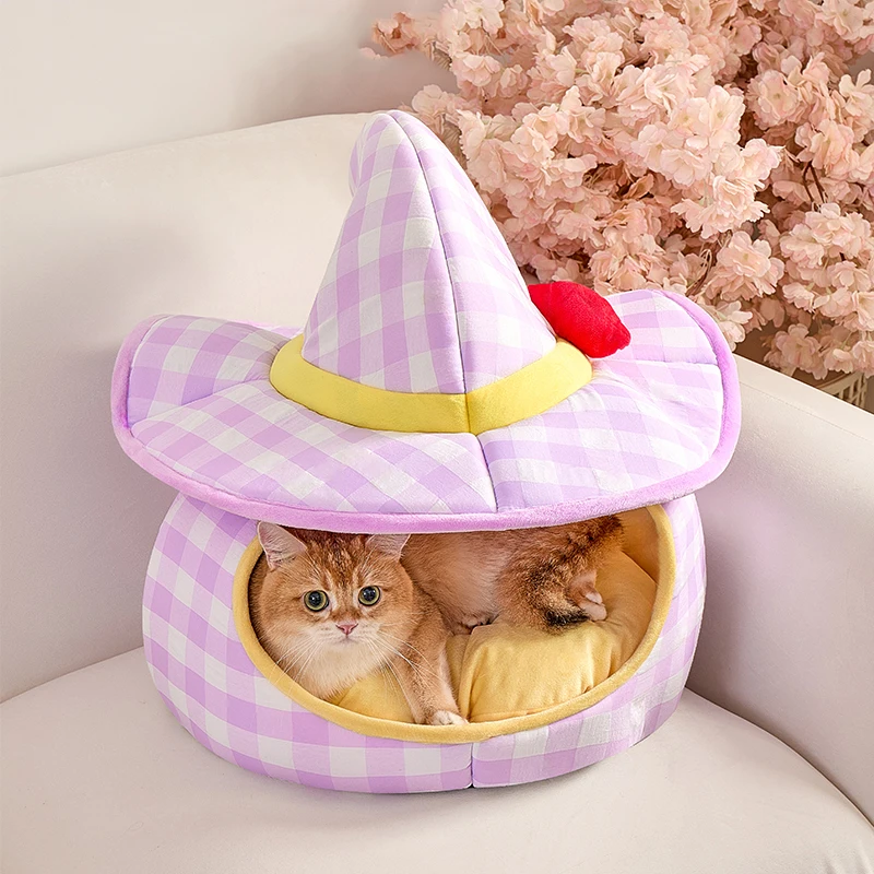 BOOTEELY Sombrero morado Nido Casa para gatos Nido de invierno cerrado de felpa cálido Acogedor cojín extraíble lavable Fondo antideslizante Interior - imagen 2