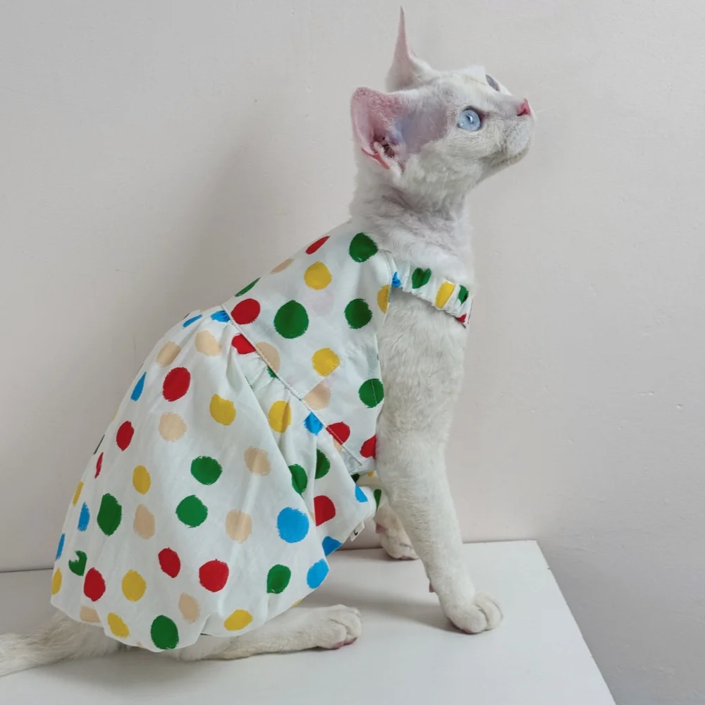 Vestido de algodón para gato Sphynx, falda de lunares arcoíris dulce de verano para gata, camiseta sin mangas de primavera para Devon Rex