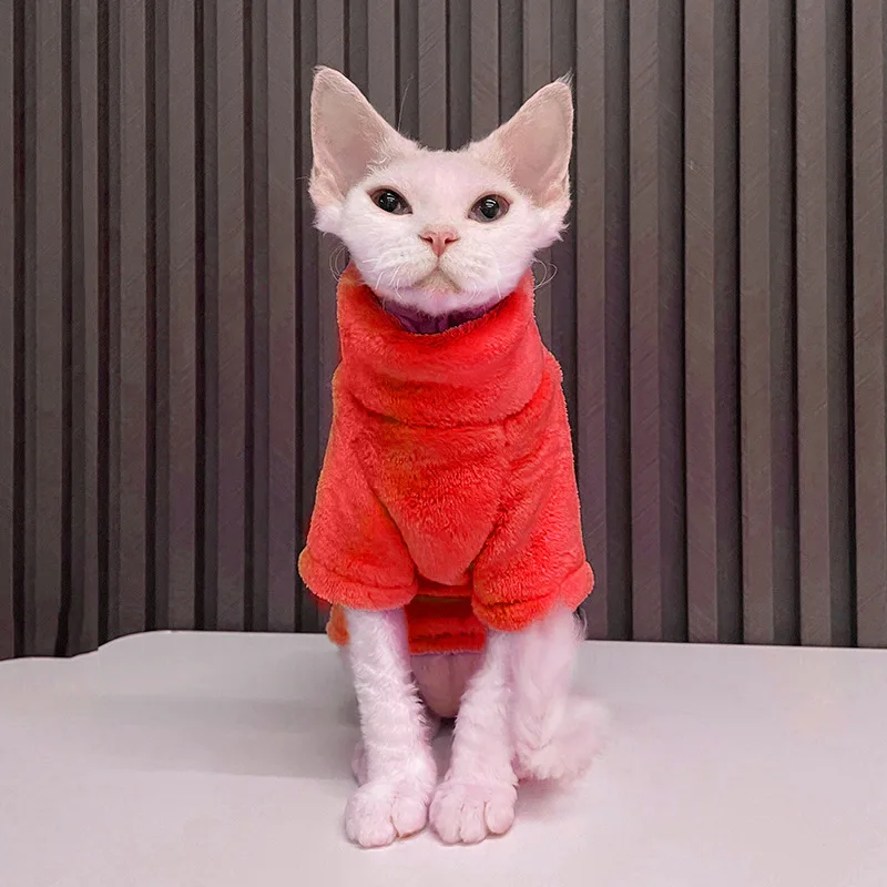 Ropa cálida de terciopelo Coral sin pelo para gatos, chaleco Sphynx de invierno, ropa de cuello alto para gatitos, disfraz para cachorros, accesorios para mascotas - imagen 2