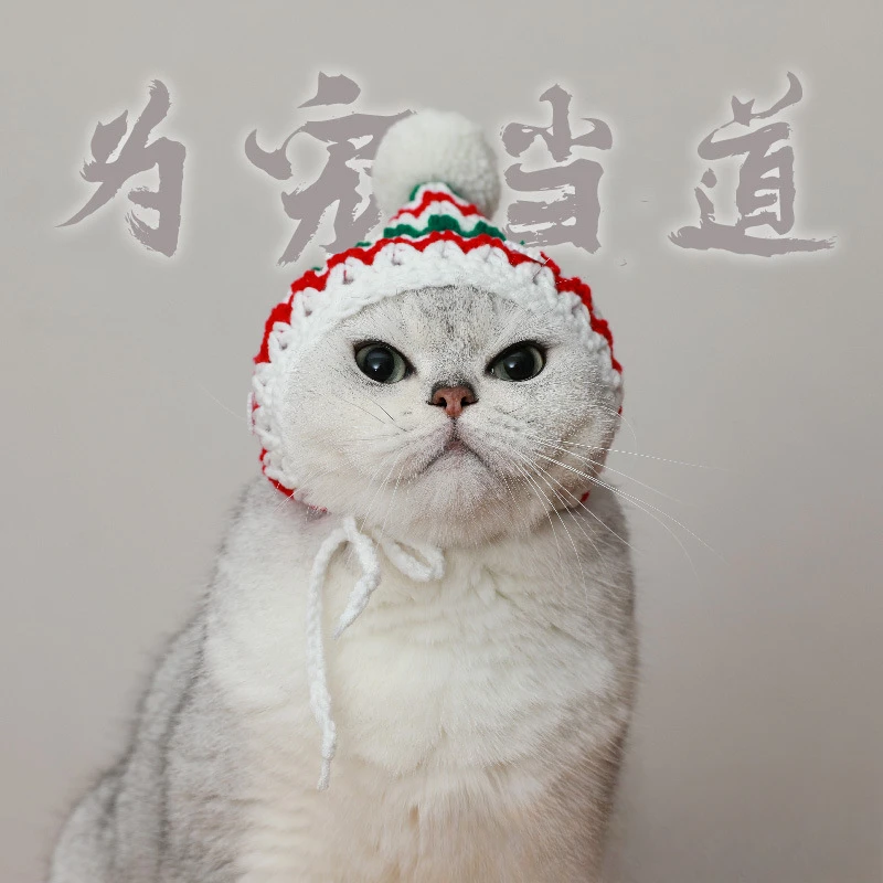 Gorro de Navidad para mascotas, tejido a mano, bola de piel a rayas de Año Nuevo, gatito de peluche, bonito disfraz de Año Nuevo, accesorios para perros pequeños - imagen 4