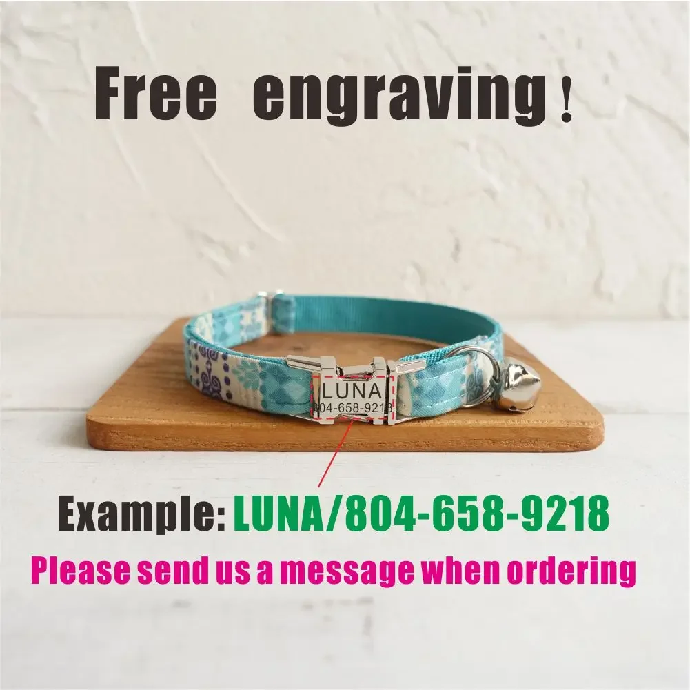 Collar de gato personalizado, nombre de identificación personalizado, contactos, hebilla de metal, collares de gato bohemios azules ajustables con campana - imagen 4