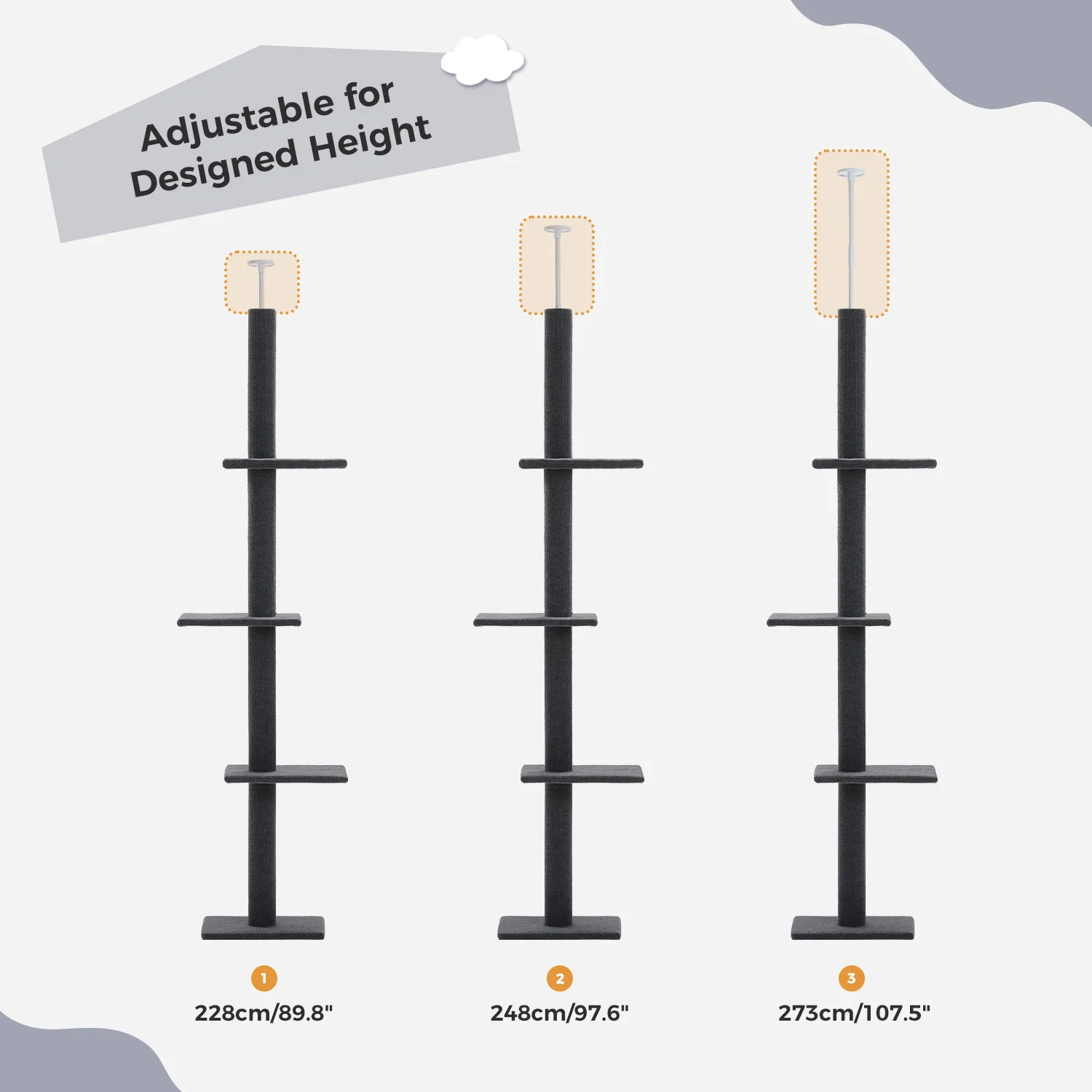 Árbol para gatos alto ajustable 228-273 cm, 4 postes y 3 plataformas - imagen 2