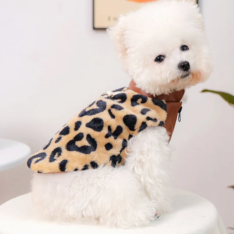 Chaqueta con estampado de leopardo para mascotas, ropa para perros, chaleco marrón sin mangas con cremallera, ropa cálida para cachorros, ropa para caniche Chihuahua XS - imagen 2