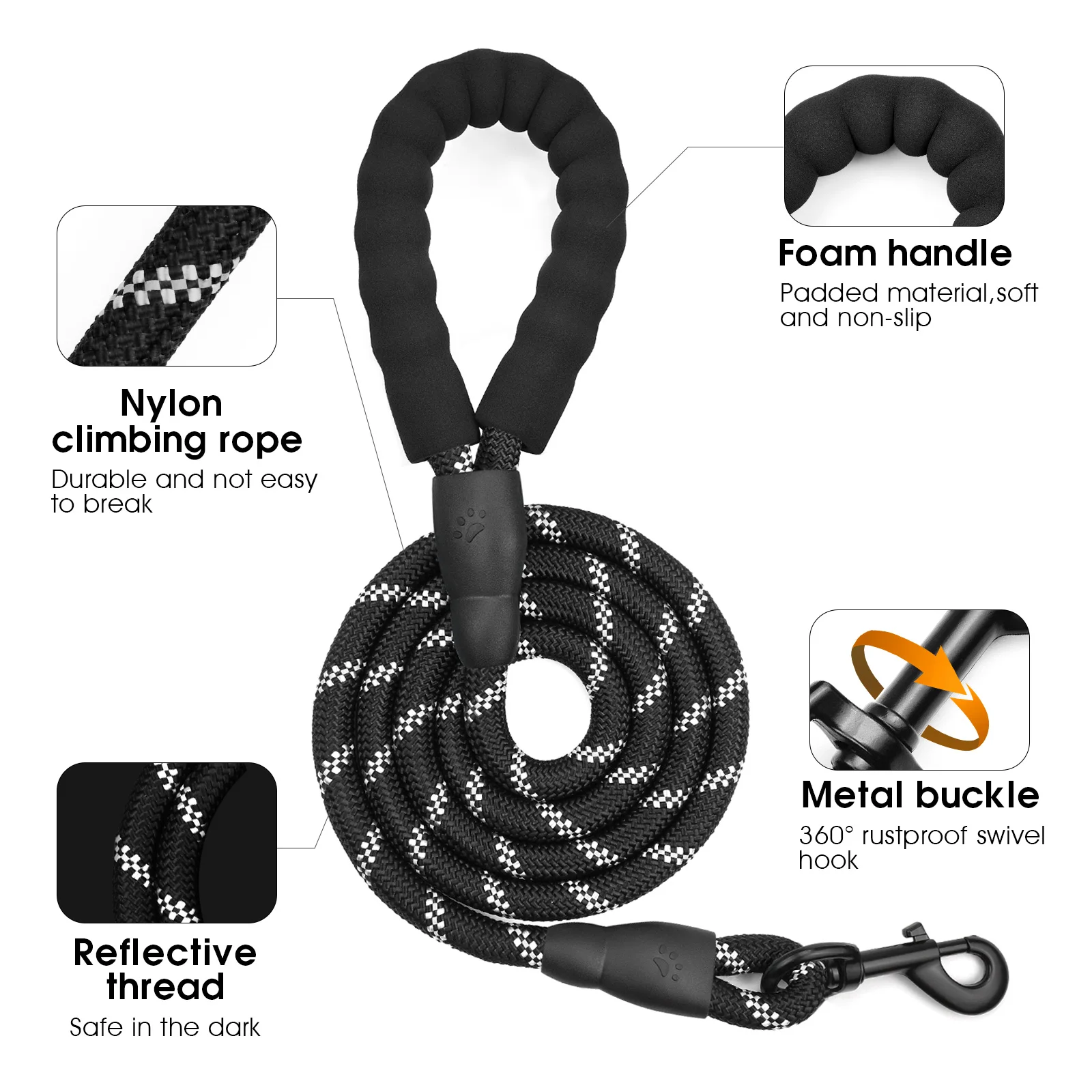 Correa para perro con mango acolchado suave, cuerda altamente reflectante para caminar de noche, hebilla de Metal giratoria de 360 grados sin enredos, - imagen 3