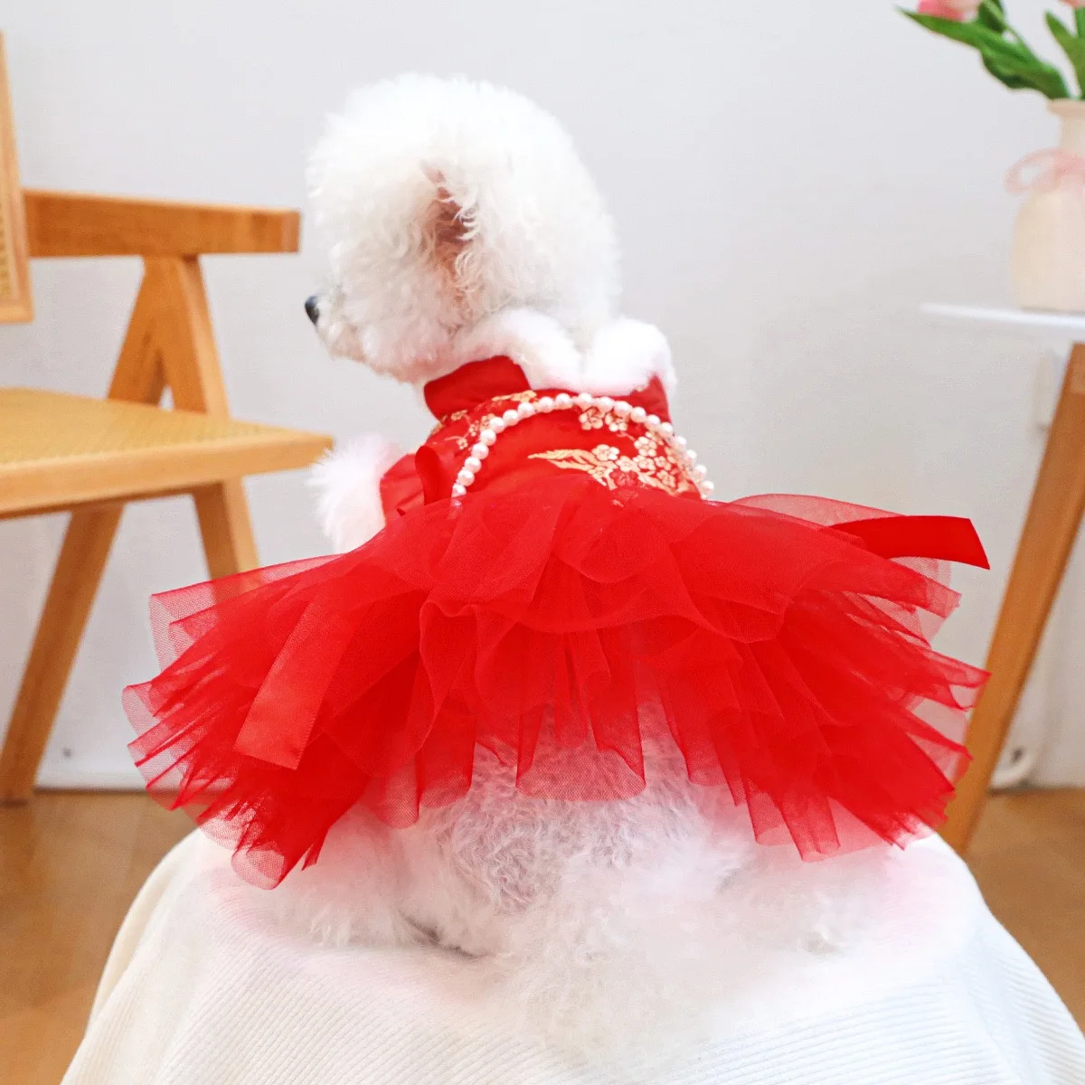 Ropa china antigua para perros y niñas, vestidos de Año Nuevo con Bulldog Francés para gatos, monos cálidos y esponjosos con flores doradas para cachorros y gatitos - imagen 3