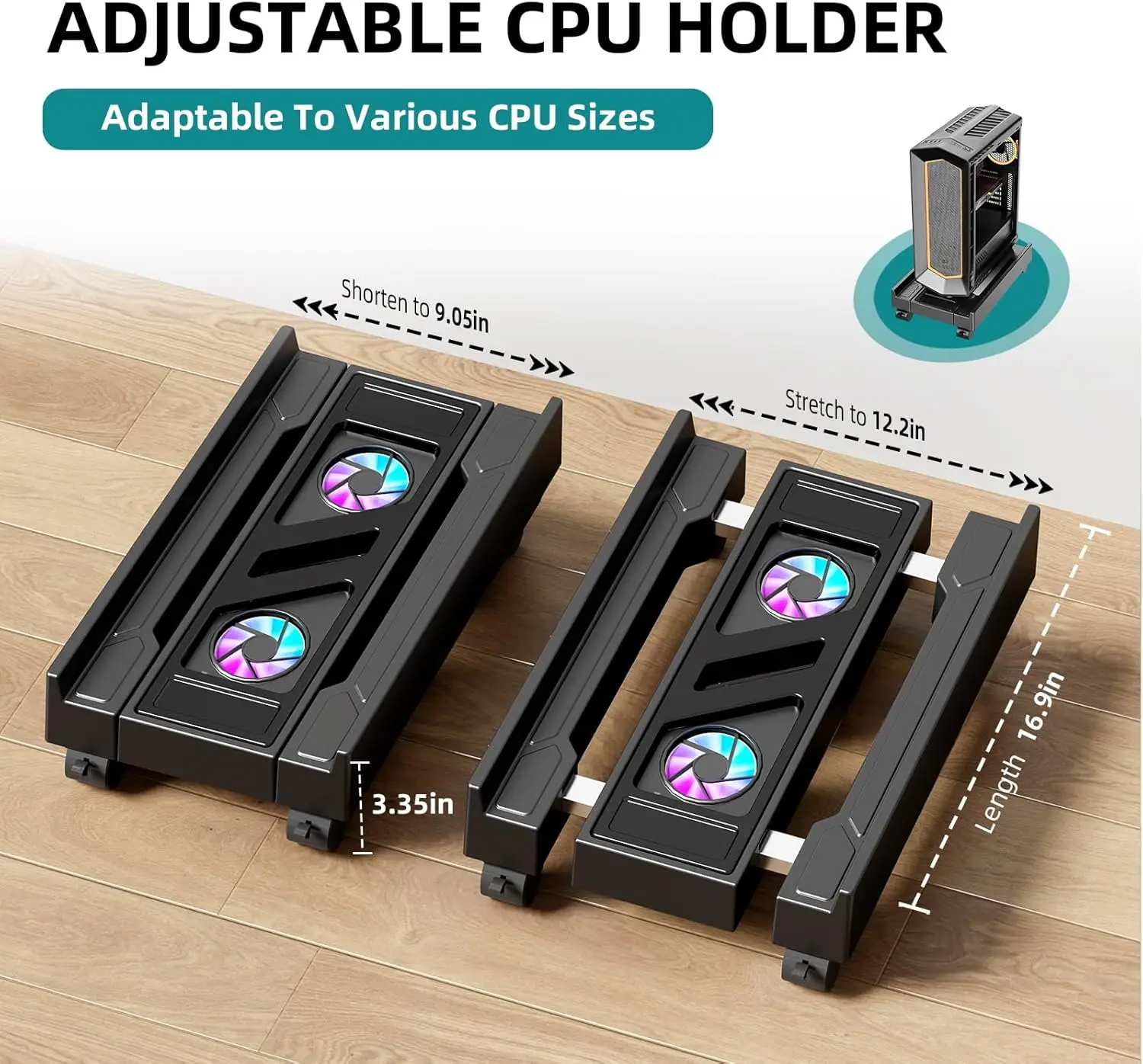Soporte CPU con ruedas y ventilador RGB ajustable para gatos y perros