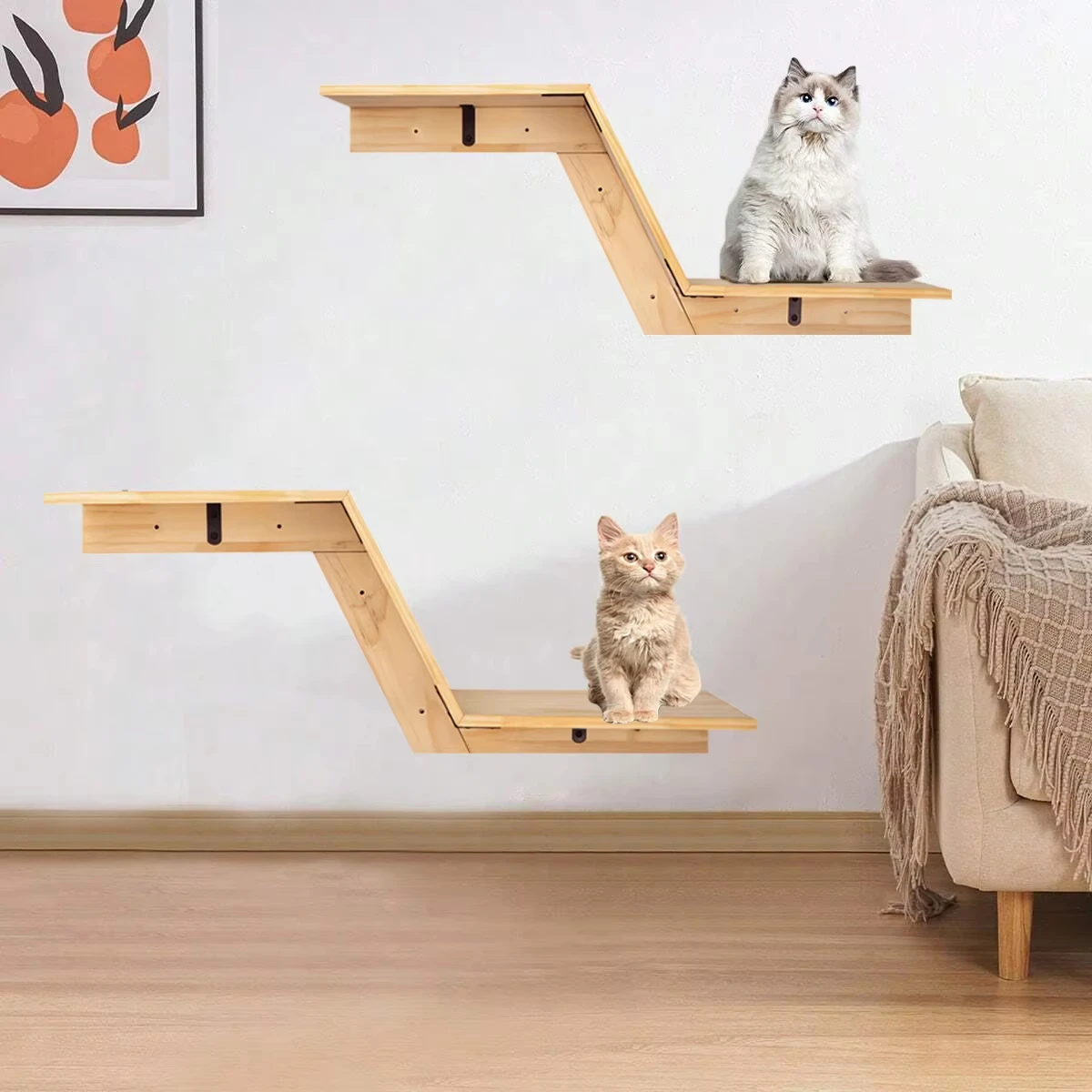 Sistema de escalada para gatos en forma de Z montado en la pared Estructura de madera maciza con pedales de fieltro y postes rascadores de sisal Ideal para jugar con gatos