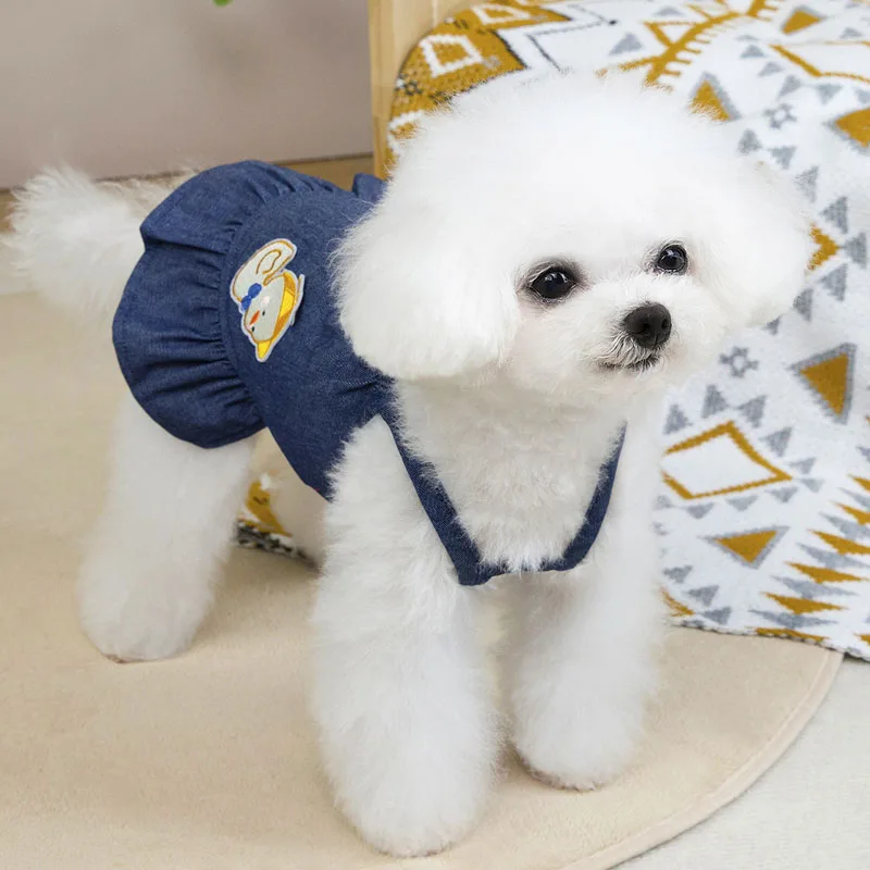 Ropa encantadora para cachorros con tirantes, vestido vaquero azul de verano para perros, falda con capucha y tirantes para niñas, ropa para perros pequeños y medianos, Chihuahua Pug - imagen 4