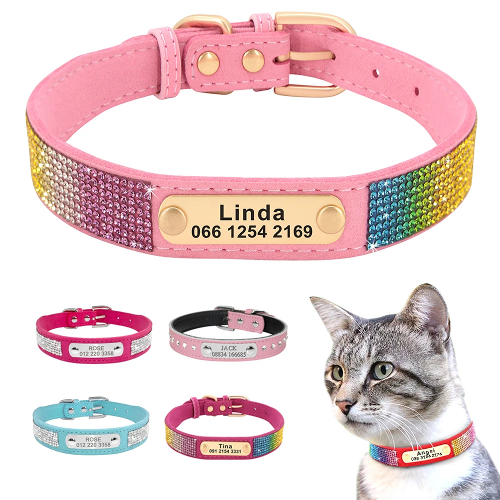 Collar de gato personalizado con diamantes de imitación ostentosos, Collar de identificación para perros y gatos pequeños, placa de identificación personalizada para gatitos y cachorros, accesorios para mascotas