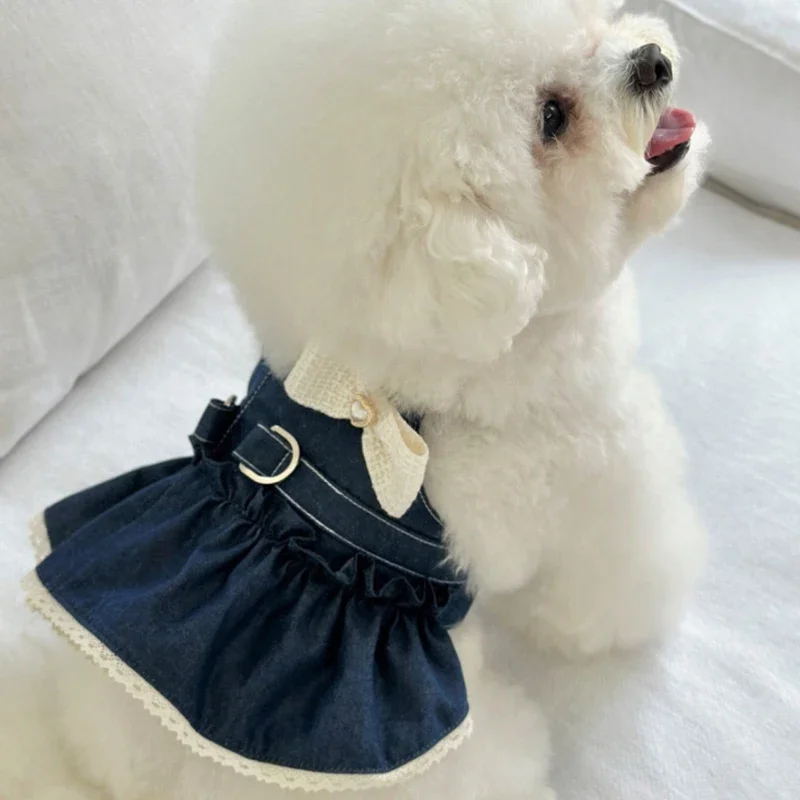Falda vaquera para perros a la moda, ropa para parejas de primavera y verano, vestido de peluche, ropa transpirable para cachorros con apliques de perlas y lazo - imagen 3