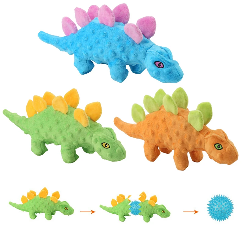 Juguetes de dinosaurio de peluche chirriantes para perros, juguetes interactivos para masticar para perros, relleno de felpa, suministros para mascotas, juguetes molares para masticar perros pequeños - imagen 3