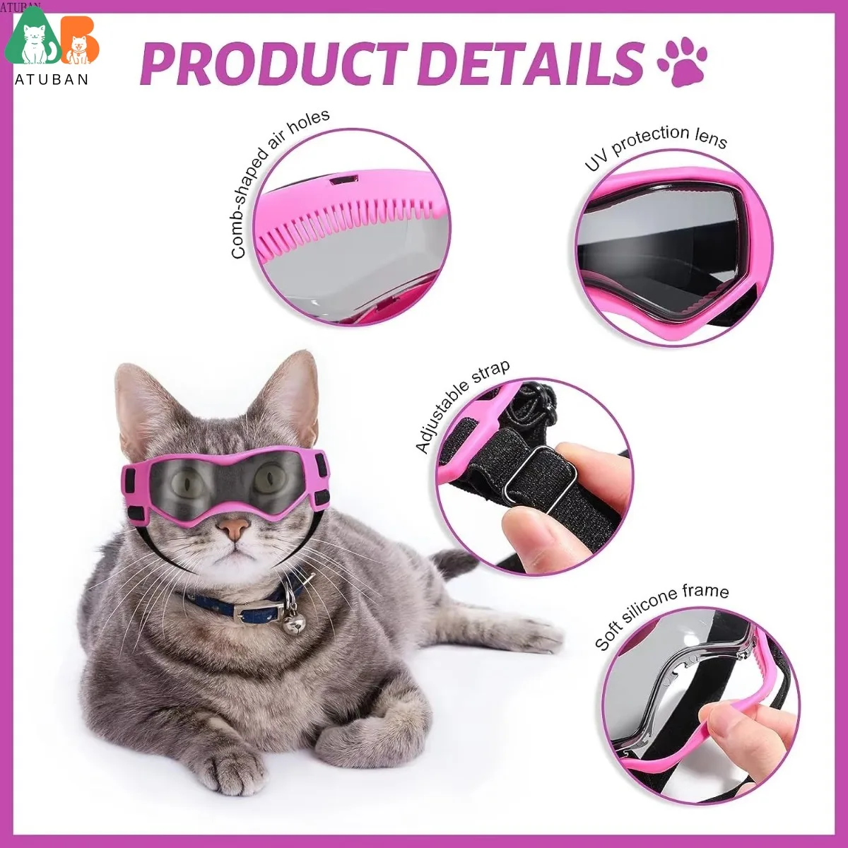 ATUBAN Gafas de sol para gatos, gafas para perros pequeños, cómodas, suaves, fáciles de usar, ajustables, gafas de sol con protección UV para mascotas pequeñas para gatos y gatitos - imagen 3