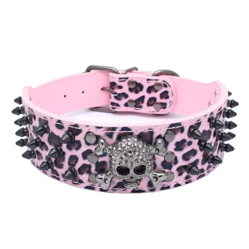Collar de perro de cuero ajustable con tachuelas y pinchos con diseño de calavera Punk para perros medianos y grandes, suministros para gatos Pitbull Boxer - imagen 2