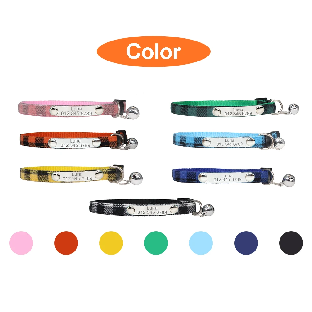 Etiqueta de identificación personalizada para mascotas, hebillas de seguridad a cuadros con campana, grabado ajustable, adecuado para gatito, cachorro, collar de accesorios - imagen 2