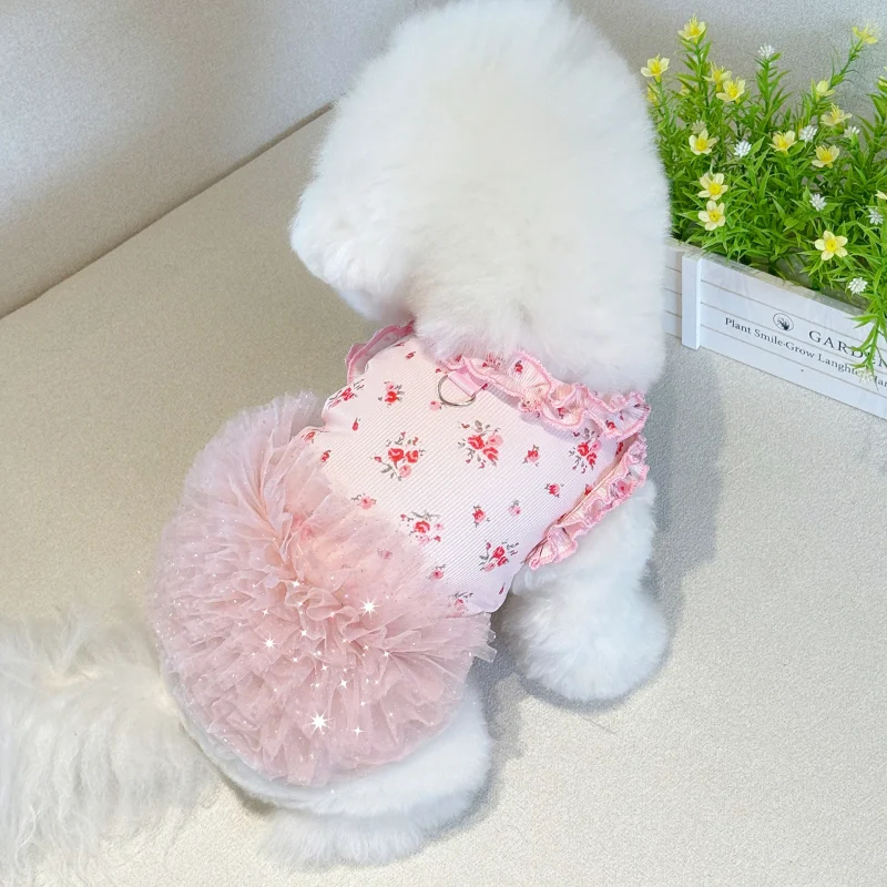 Falda Floral en capas de malla para mascotas, vestido con tutú para perros, falda de peluche para cachorros, falda de baile INS, ropa para mascotas, vestidos para perros pequeños - imagen 2