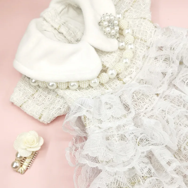 Pet otoño lana empalme encaje Puff falda abrigo de felpa perro arco vestido oso de peluche gatito Yorkshire cachorro pequeño Otoño Invierno vestido - imagen 2