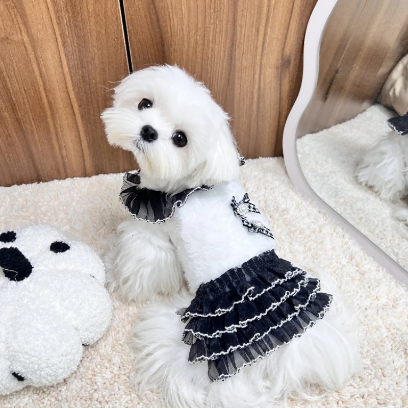 Vestido de punto para otoño/invierno para mascotas, suéter para gatos, falda abombada de peluche Yorkshire, ropa para cachorros, ropa para perros pequeños - imagen 3
