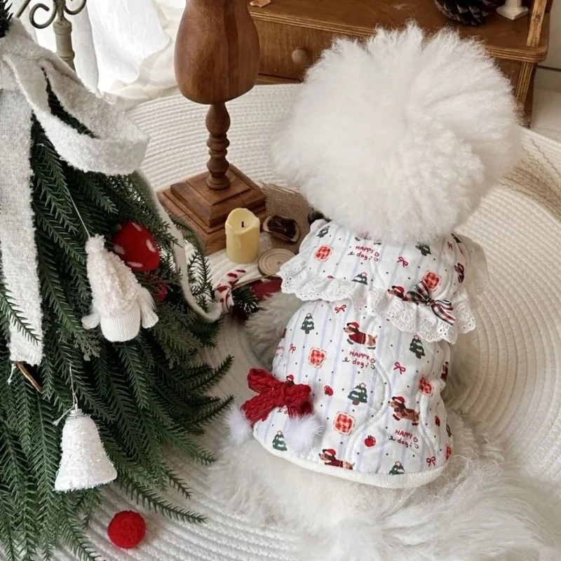 Chaquetas bonitas para mascotas, abrigo de Navidad de invierno, chaleco con lazo bonito de peluche, abrigo cálido para gatos, ropa para perros pequeños, ropa navideña para cachorros - imagen 2