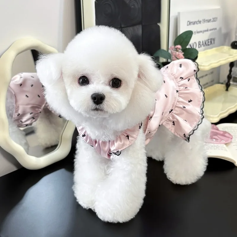 Bonitos vestidos de verano con lazo para mascotas, pijama suave de encaje para perros, mono, ropa de casa de seda, pijamas para perros pequeños, gatos, ropa para mascotas - imagen 4