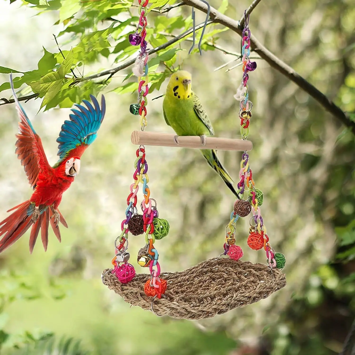 Columpio para pájaros para mascotas, juguete tejido de algas marinas, plataforma para loros, hamaca colgante para pájaros trepadores, perca para pájaros, juguete para masticar para pajaritos, cacatúas - imagen 2