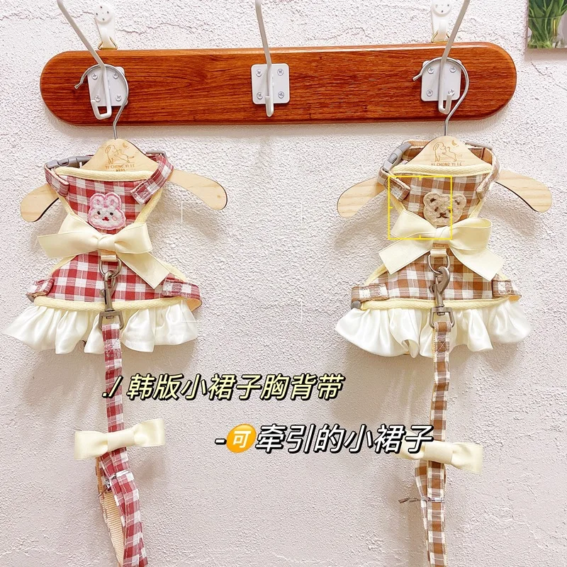 Oso de peluche para mascotas, falda a cuadros, correa para el pecho, ropa para perros, cuerda de tracción para caminar, arnés para gatos, Collar para gatitos, accesorios para gatos