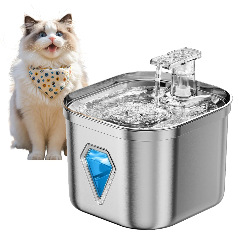 Alimentador de agua para mascotas de acero inoxidable de 2,5l, dispensador automático de fuente de agua para gatos, cuenco para beber con ventana Visual inteligente, accesorios para mascotas