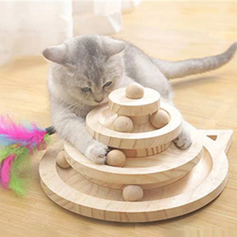 Torre de juguete de madera para Gato de 2/3 niveles, pistas de disco, diversión de inteligencia para gatos, disco de juego Triple, juguetes para gatos, juguetes de entrenamiento de pelota - imagen 2