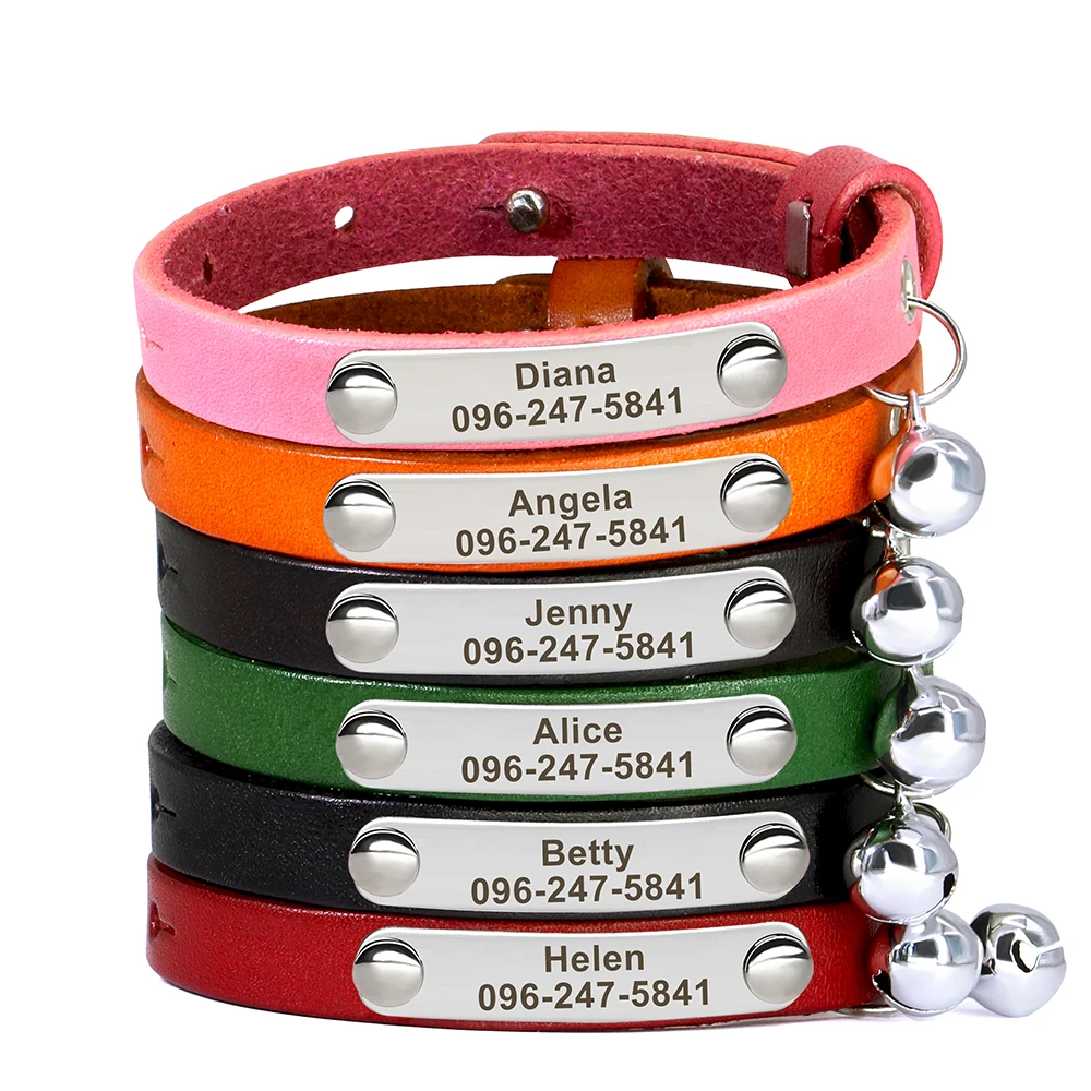 Collar de cuero personalizado para gatos, collares ajustables con identificación para cachorros y gatos, nombre grabado para gatos, gatitos, accesorios para mascotas - imagen 2