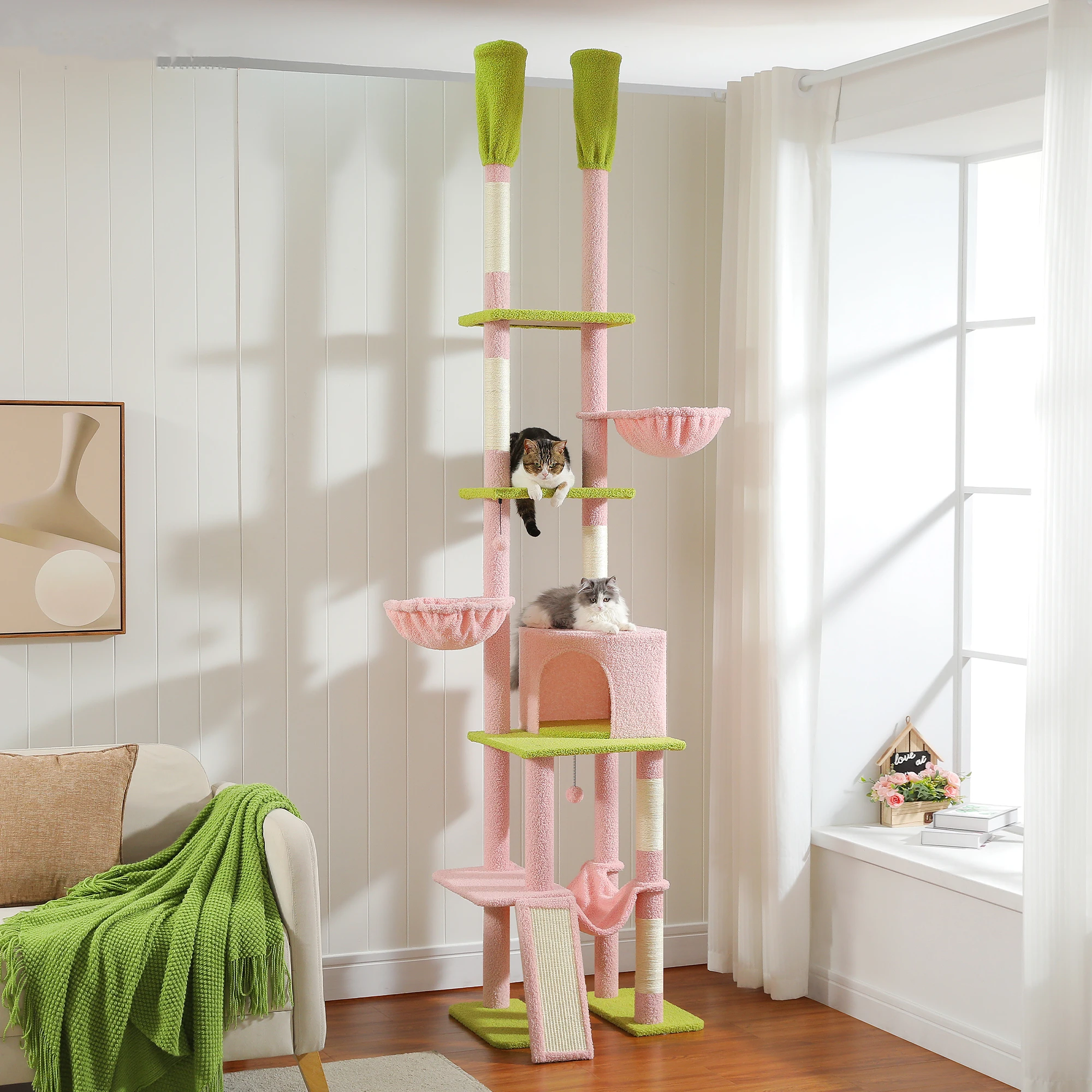 Árbol para gatos de piso a techo para interiores, torre para gatos alta de altura ajustable con poste rascador de sisal, condominio acogedor con hamaca, rascadora para gato, juguetes para gatos - imagen 4