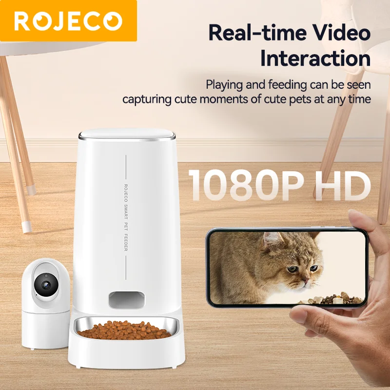ROJECO-comedero automático para gatos, 4L, con cámara de vídeo, dispensador de comida para gatos, WIFI, llamadas de voz inteligentes, alimentador automático para gatos, perros y mascotas