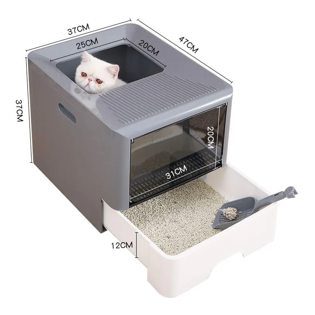 Bandeja de arena para gatos, caja de arena de entrada superior completamente cerrada, arenero grande para gatos, desodorante, colchas plegables para gatos con una pala - imagen 2