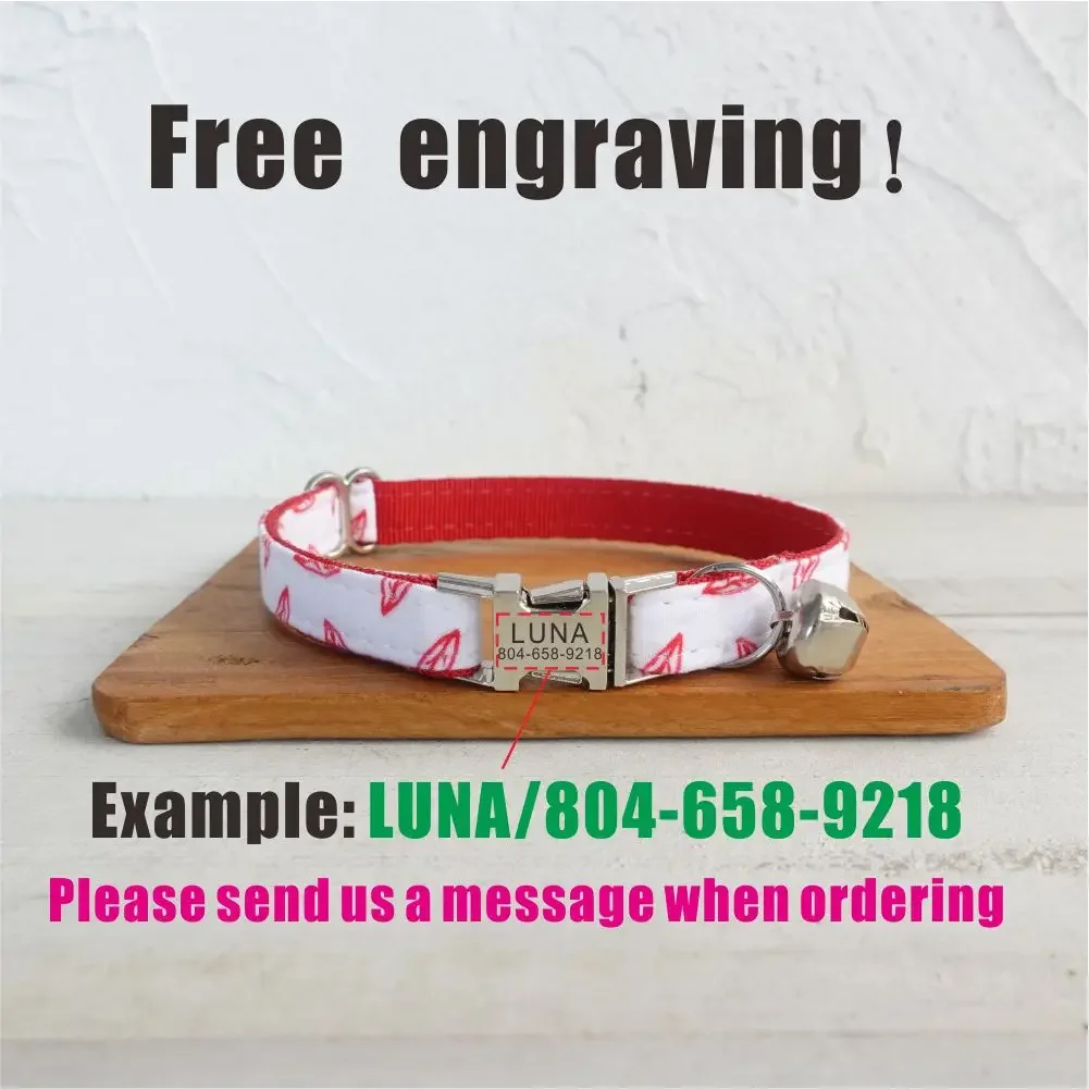 Collar de gato personalizado con grabado gratuito, correa para mascotas a juego, hebilla de Metal de contactos personalizados, Collar para mascotas de hojas rojas - imagen 4