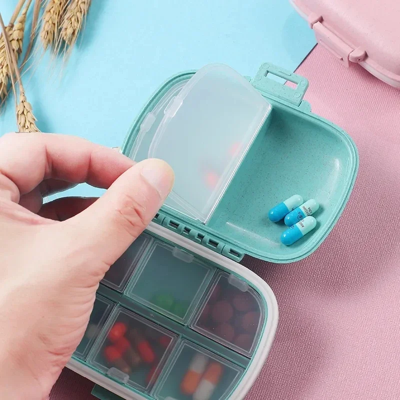 Contenedor organizador de 8 rejillas para tabletas, pastillero de viaje con anillo de sellado, caja pequeña para tabletas, contenedor de paja de trigo para medicamentos - imagen 4