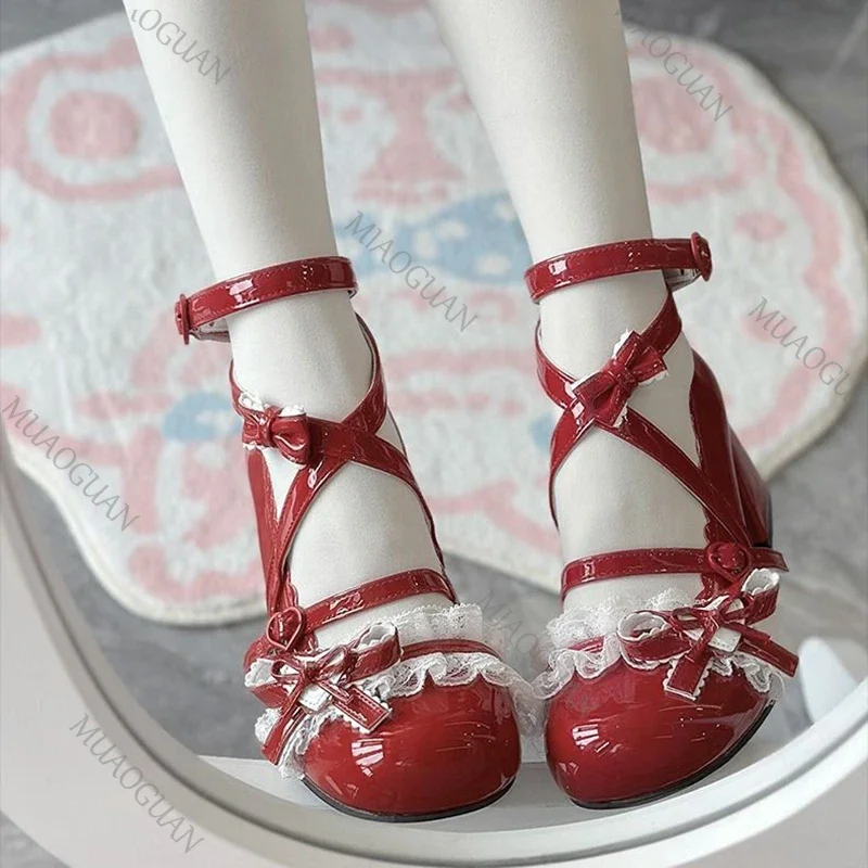Zapatos de tacón alto rojos Lolita, bonitos zapatos de tacón con encaje para primavera y otoño, tacones altos gruesos, zapatos individuales de charol, zapatos Mary Jane para mujer - imagen 4