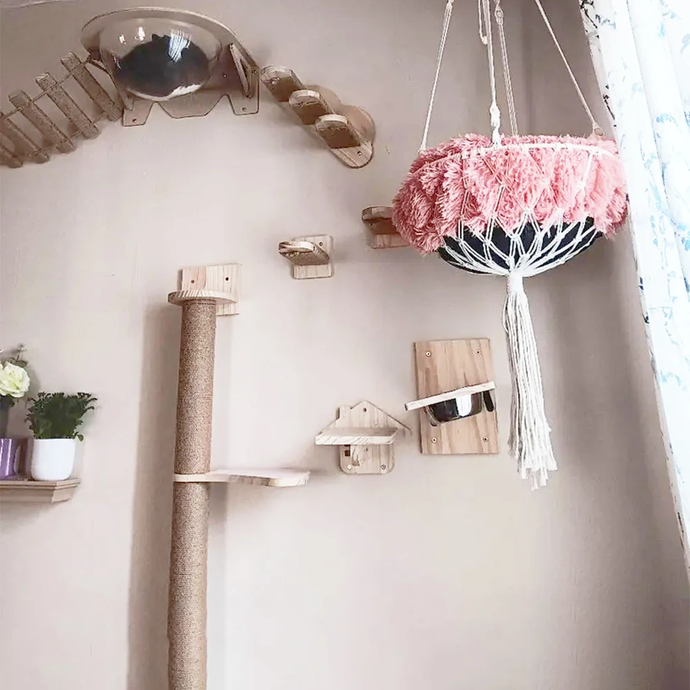 Plataforma de madera maciza montada en la pared para gatos, accesorio de poste para rascar de Sisal para el hogar, con dos cuencos, fácil de instalar - imagen 3