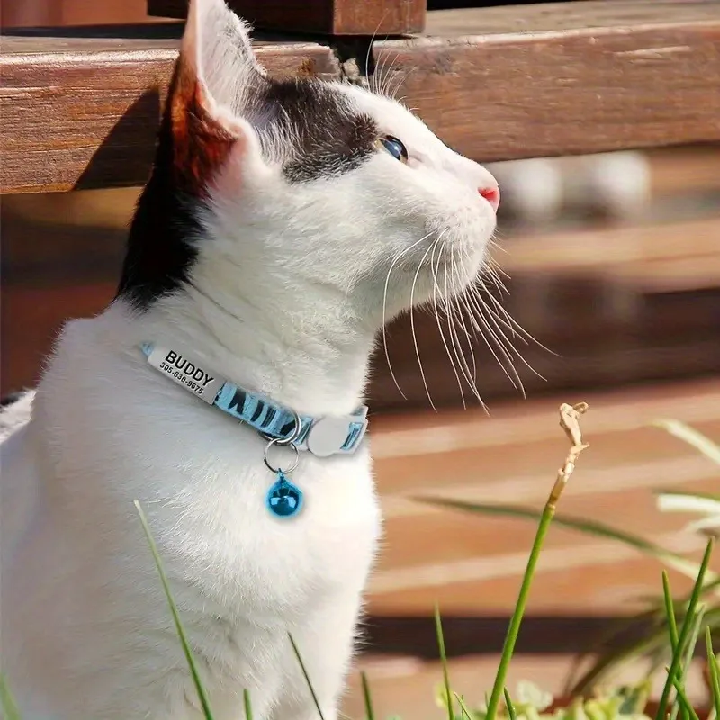 Collar de gato con estampado de cebra personalizado, Collar con placa de identificación de mascota para cachorro y gatito grabado gratis con campana antipérdida para gatos