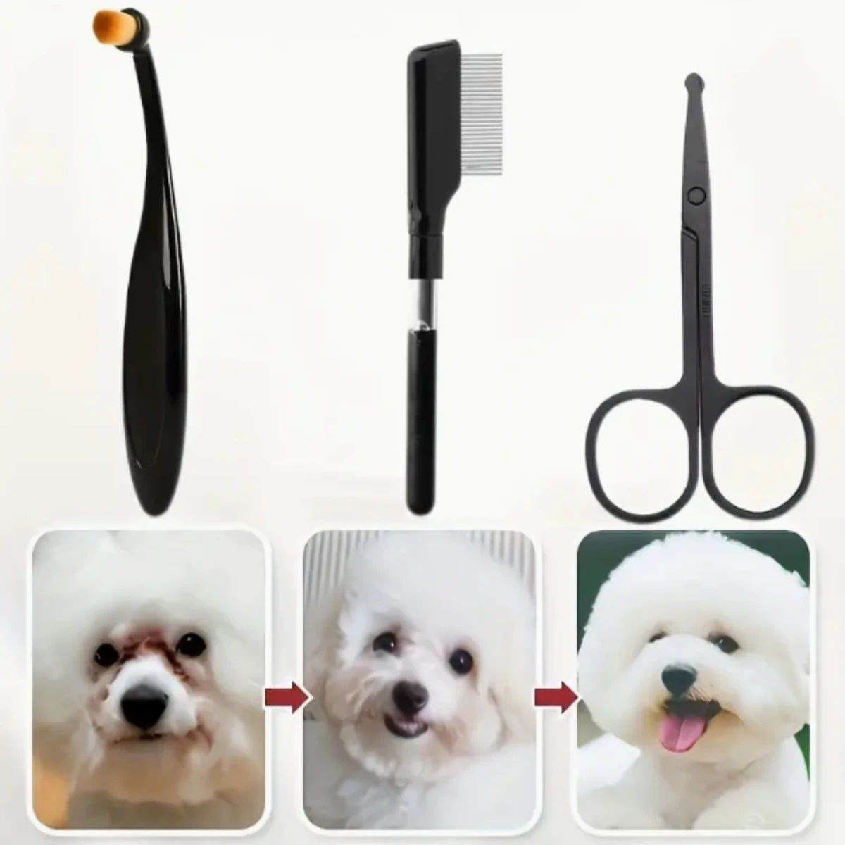Kit de aseo para mascotas de 3 piezas, tijeras tres en uno, peine y juego de cepillos |   Herramienta eficiente para limpieza de manchas y recortar el pelo de perros - imagen 4