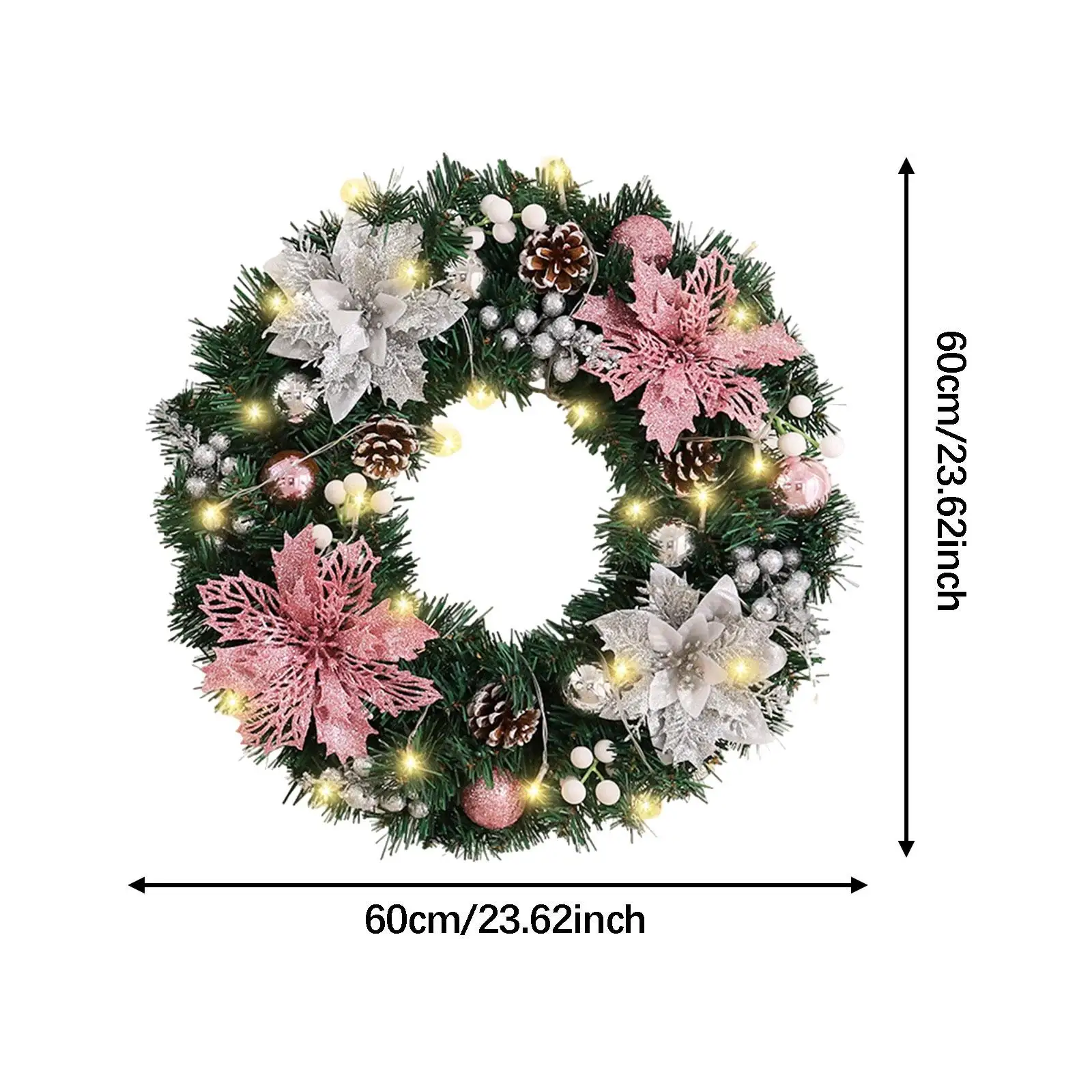 Christmas Wreath with Light Holiday Winter Round Collection Outside Pine Cone Wreath Hanging Decoration Artificial Pine Garland